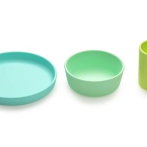 melii Non-Suction Silicone Plate, Bowl and Cup Set for Toddlers, Kids and Children (Lime, Mint, Blue)