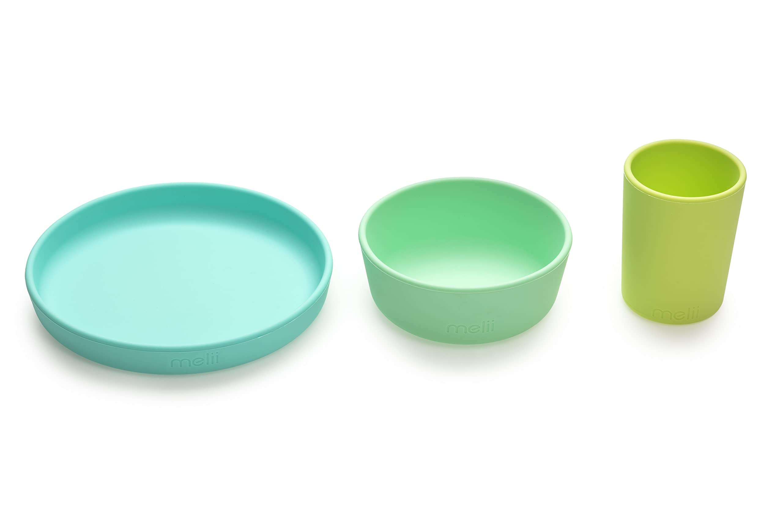 melii Non-Suction Silicone Plate, Bowl and Cup Set for Toddlers, Kids and Children (Lime, Mint, Blue)