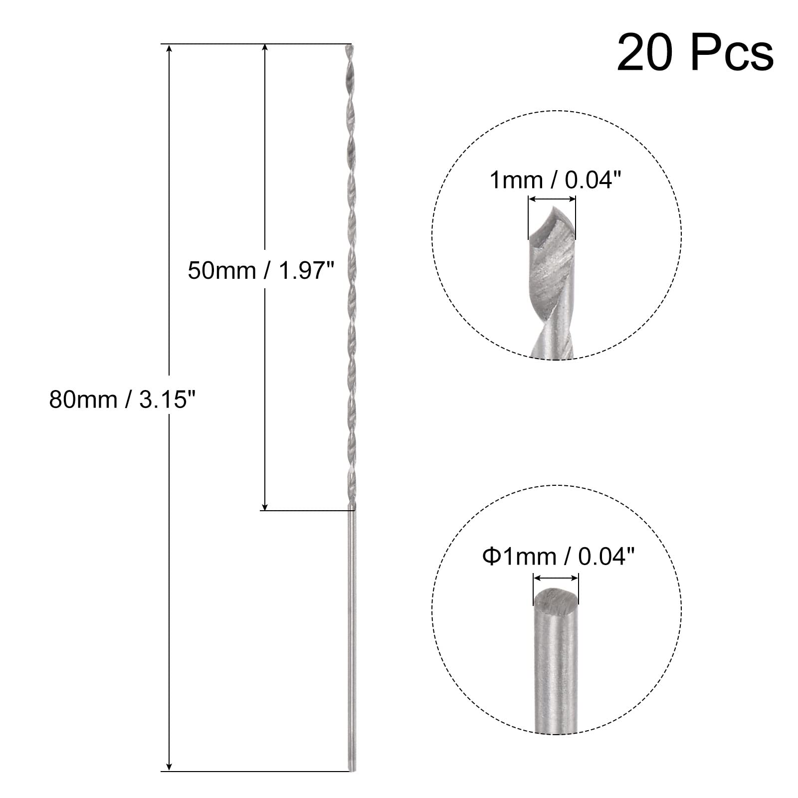 uxcell 20 Pcs 1mm Mini Micro Twist Drill Bits, High-Speed Steel Straight Shank Extra Long Drill Bit 80mm for Aluminum Alloy