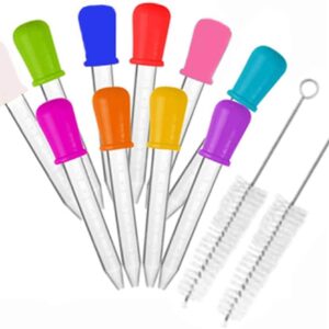 10 Pcs 5ml Liquid Droppers & 2 Brushes,Silicone and Plastic Pipettes Transfer Eyedropper with Bulb Tip for Candy Molds,Childhood,Pet,Crafts Projects- 10 Colors