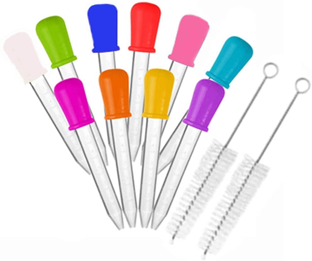 10 Pcs 5ml Liquid Droppers & 2 Brushes,Silicone and Plastic Pipettes Transfer Eyedropper with Bulb Tip for Candy Molds,Childhood,Pet,Crafts Projects- 10 Colors