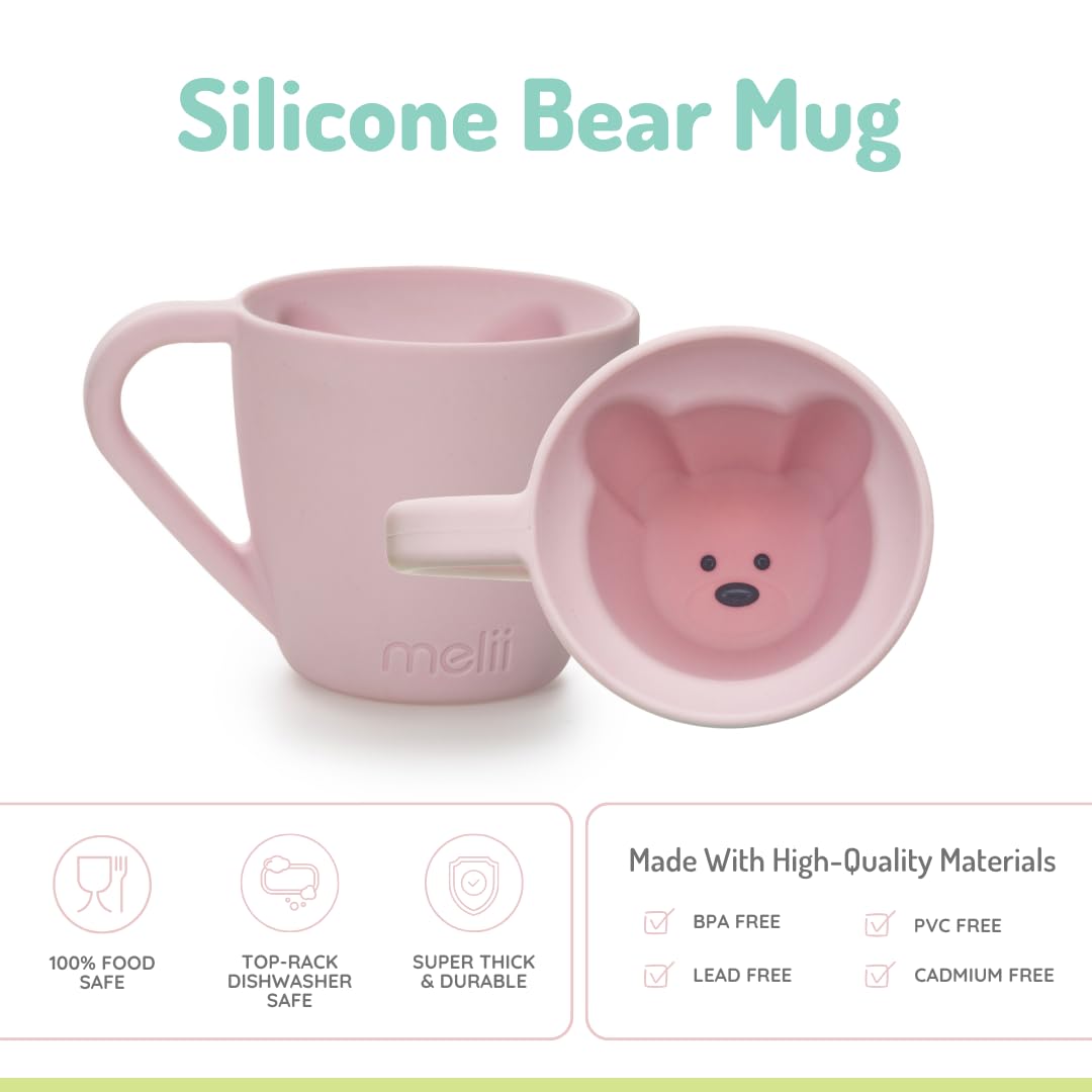 melii Silicone Bear Mug for Toddlers and Kids - Durable Food-Grade BPA-Free Cup for Hot and Cold Beverages - Fun Bear-Shaped with Easy-Grip Handle, Dishwasher Safe - Perfect Gift for Children - Pink