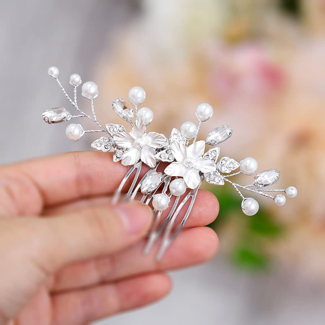 Catery Flower Bride Wedding Hair Comb Pearl Crystal Side Combs Leaf Bridal Hair Piece Clips Hair Accessories for Women and Girls