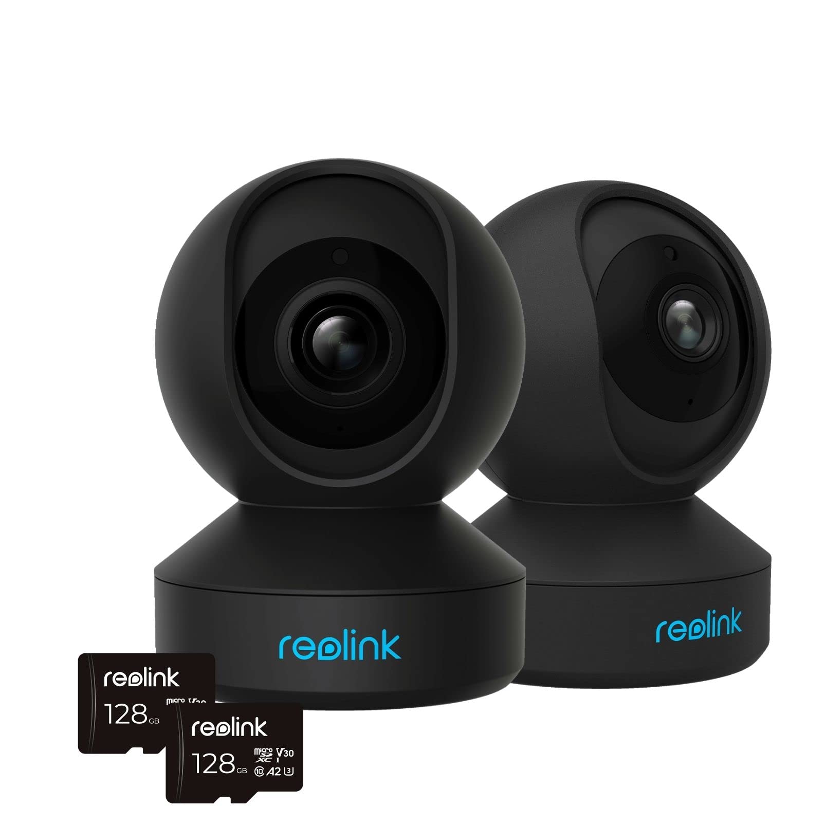 REOLINK Indoor WiFi Camera (2 Pack) Bundle with 2 pcs 128GB SD Card, 4MP/2k, 2.4/5 GHz WiFi, Two Way Talk, Motion Tracking, Real Time Alerts, E1 Pro Black