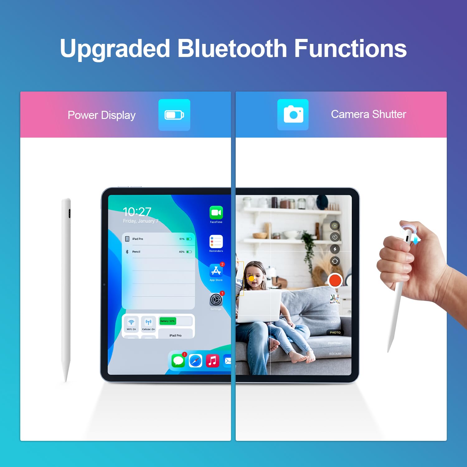 Bluetooth Stylus Pen Fit for iPad Mini 6 5, 6th 5th Generation 2021 8.3" 7.9", A2569 A2568 A2567with Camera Shutter Remote Control, Tilt Sensitive, Battery Level Display, Palm Rejection