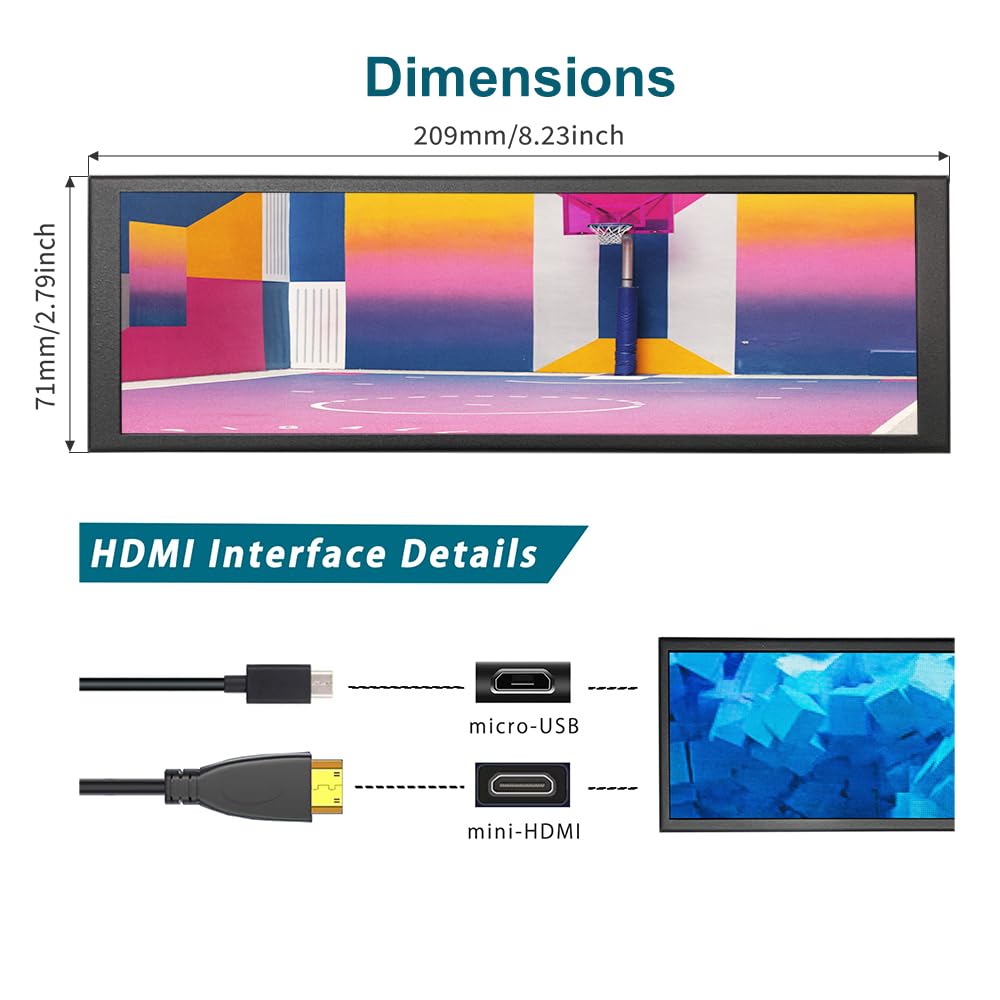 LESOWN 7.84 Inch Stretched Bar Monitor Mini Aida64 Data Temperature Display HDMI 400x1280 IPS USB Small Screen PC Case Sensor Panel Long Stretched Bar Display for PC