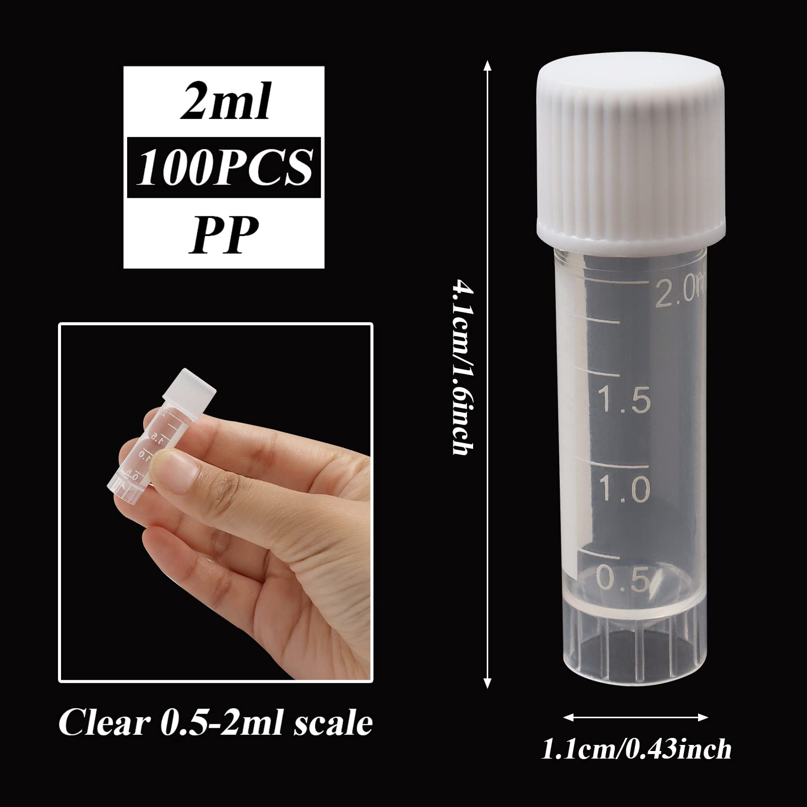 Qfeley 100 Pack 2 ml Plastic Vials Self Standing Cryogenic Vial Lab Small Lab Vial Plastic Vial Seal Cap Container for Laboratory School