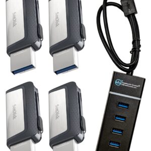 SanDisk Ultra 64GB Dual Drive USB Type-C (Four Pack Bundle) Works with Smartphones, Tablets, and Computers (SDDDC2-064G-G46) Bundle with (1) Everything But Stromboli 4 Port USB 3.0 Hub