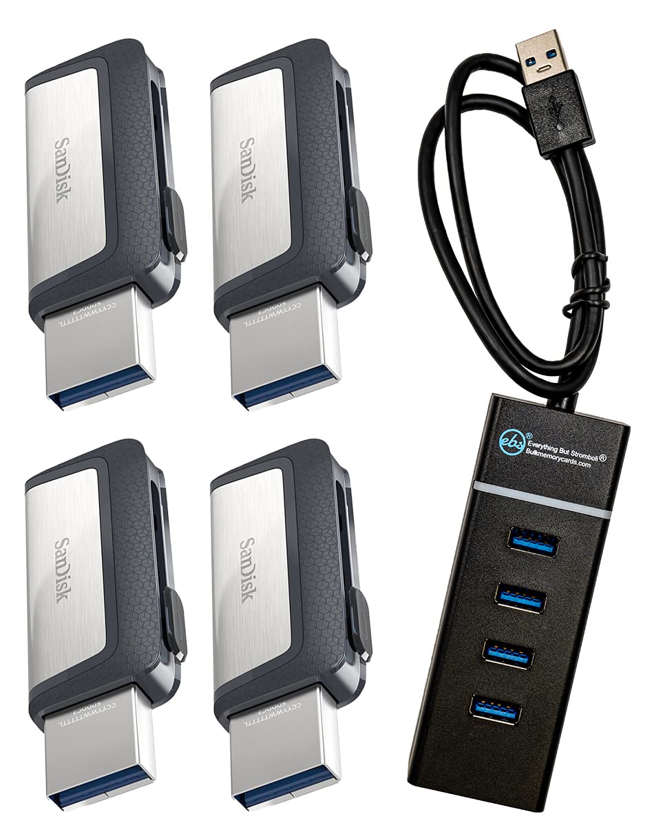 SanDisk Ultra 64GB Dual Drive USB Type-C (Four Pack Bundle) Works with Smartphones, Tablets, and Computers (SDDDC2-064G-G46) Bundle with (1) Everything But Stromboli 4 Port USB 3.0 Hub