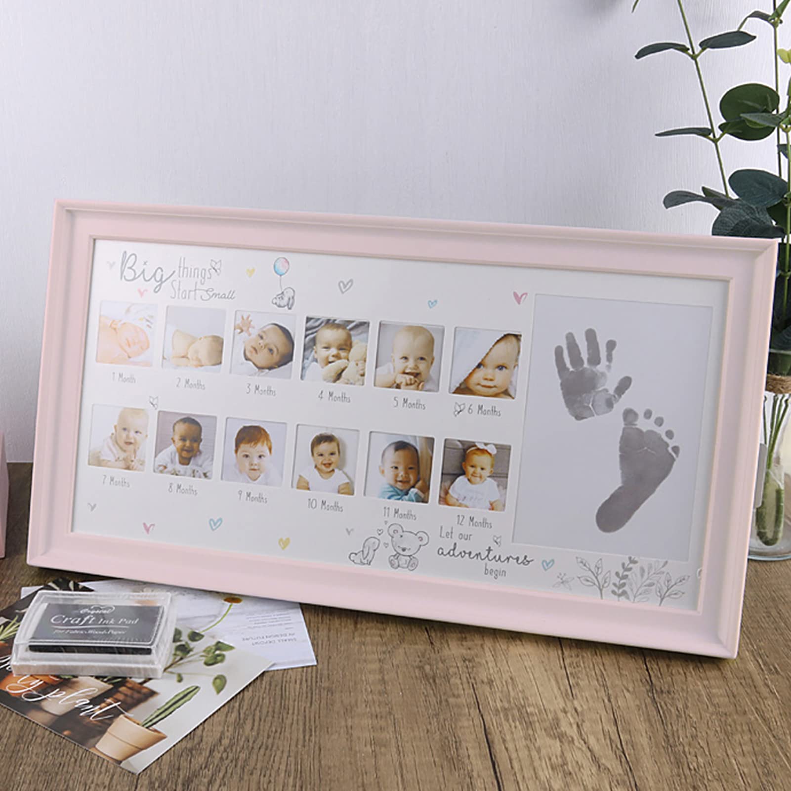 weallbuy Baby Picture Frame First Year, Baby Handprint and Footprint Kit with Ink Pad, 12 Month Milestones Baby Gift, Anniversary Growth Record Keepsake for Mom/Newborn (Pink)