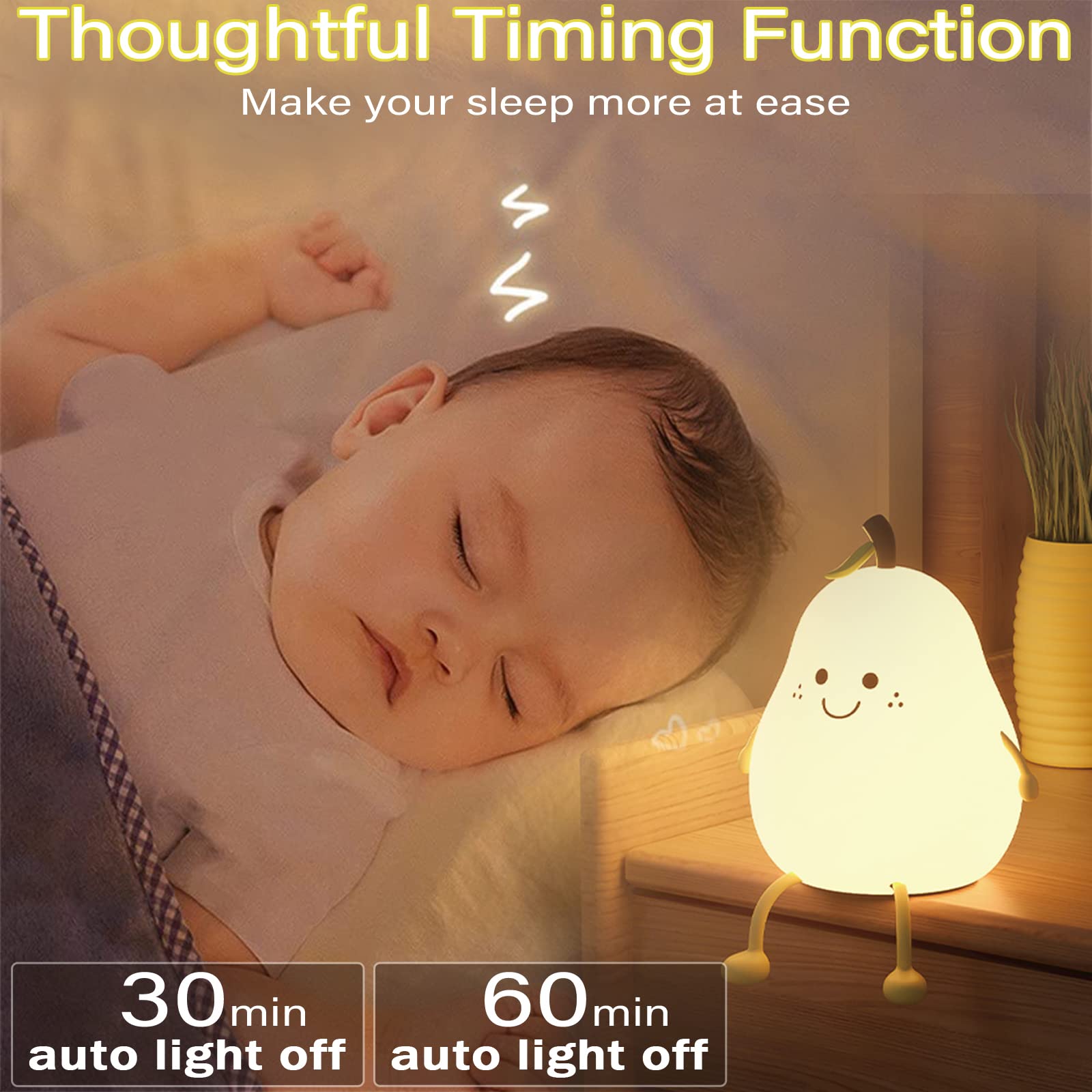 Aokpsrt Cute Night Light Rechargeable with 7 Color Changing and Timer, Kids Pear Night Light for Toddler Baby Christmas Gifts, Touch Portable LED Silicone Lamp for Nursery