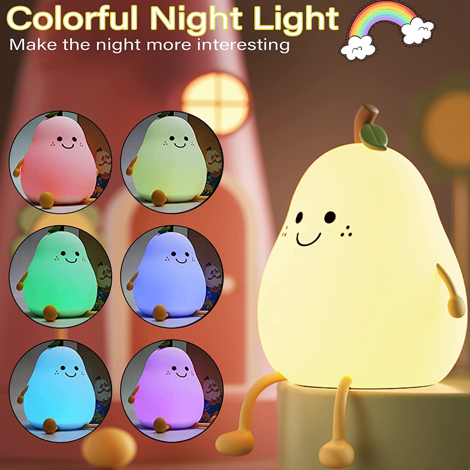 Aokpsrt Cute Night Light Rechargeable with 7 Color Changing and Timer, Kids Pear Night Light for Toddler Baby Christmas Gifts, Touch Portable LED Silicone Lamp for Nursery