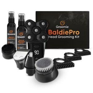 groomie no hair, don't care bundle - 5d baldiepro electric head shavers for bald men, natural pre-shave oil to promote close shave, & natural aftershave serum - mens head shaver kit w/electric razor