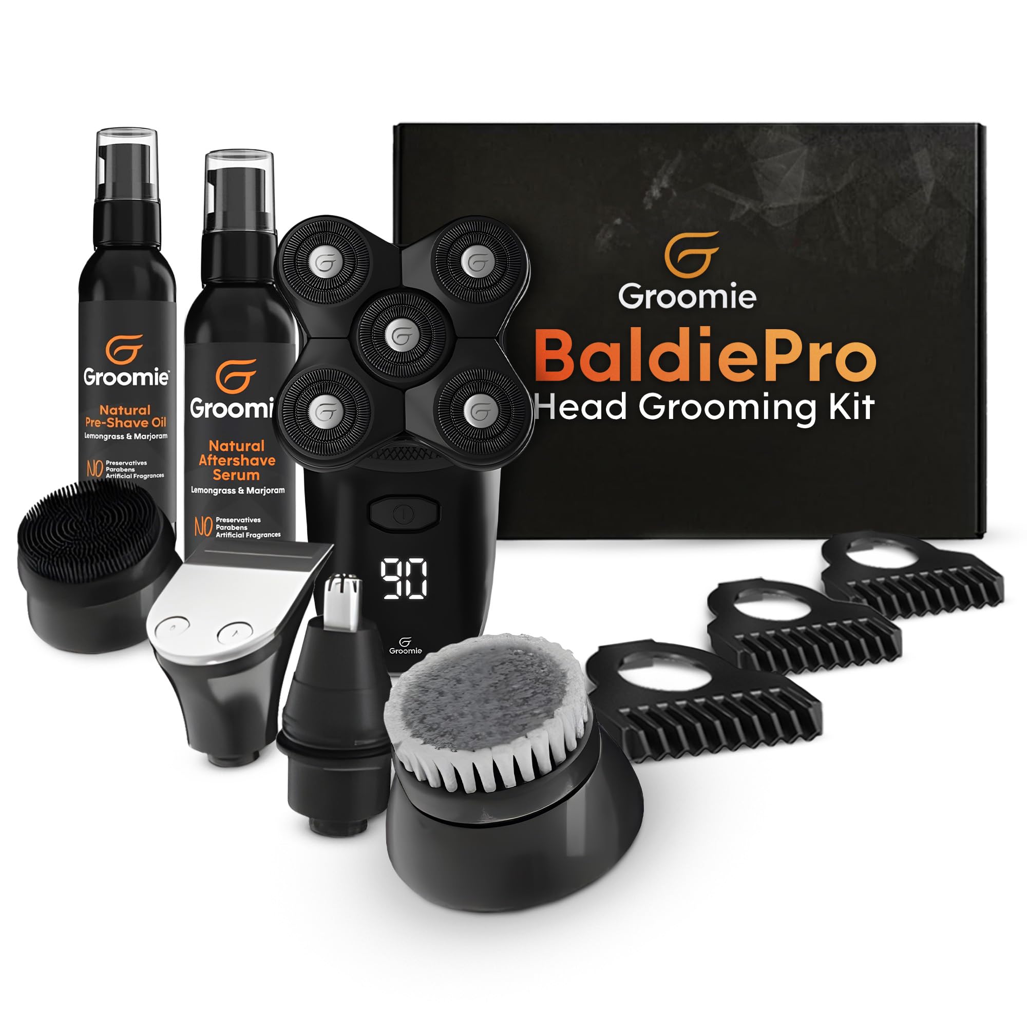 GROOMIE No Hair, Don't Care Bundle - 5D BaldiePro Electric Head Shavers for Bald Men, Natural Pre-Shave Oil to Promote Close Shave, & Natural Aftershave Serum - Mens Head Shaver Kit w/Electric Razor