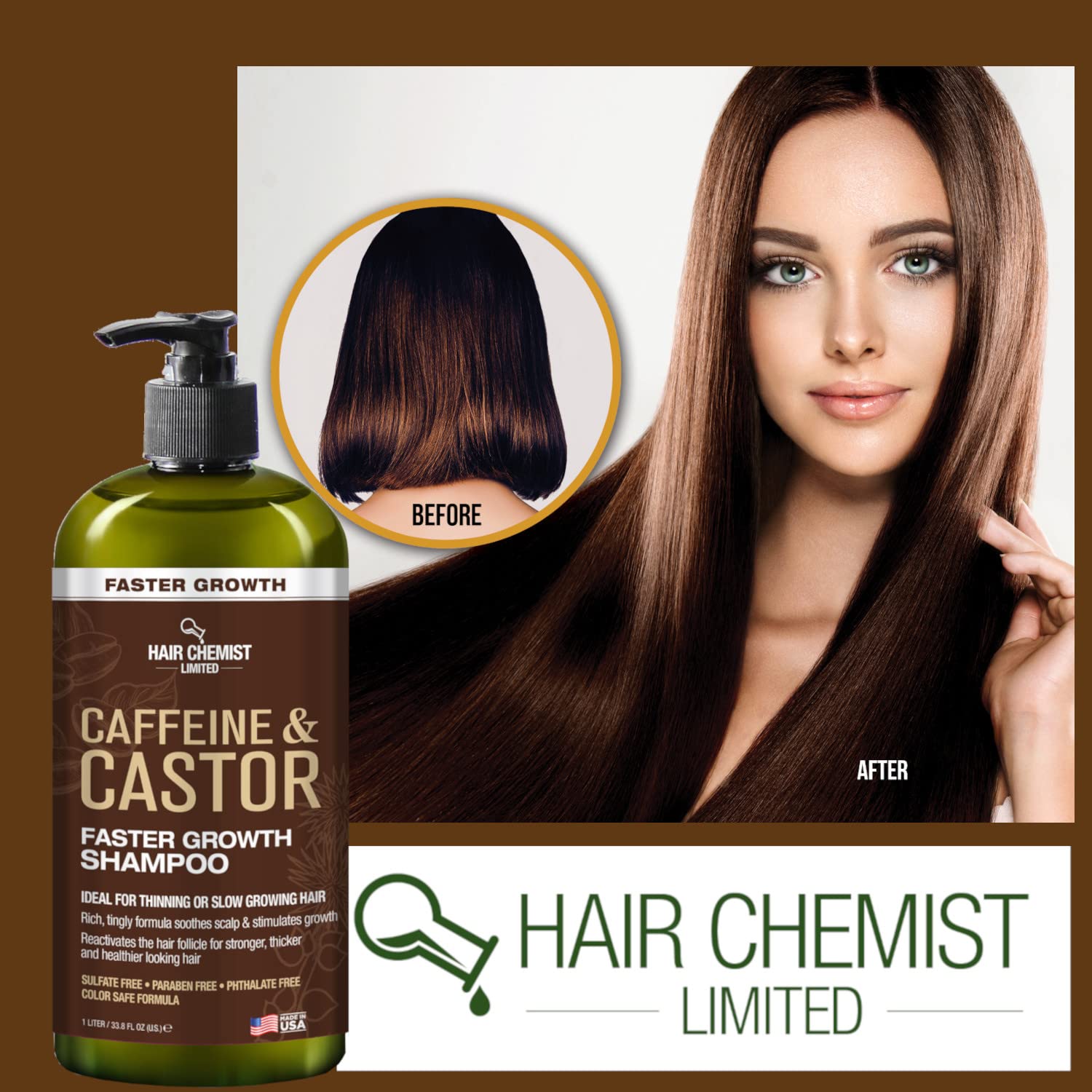 Hair Chemist Caffeine and Castor Faster Growth Shampoo 33.8 oz. - Hair Shampoo for Faster Hair Growth, Sulfate Free Shampoo