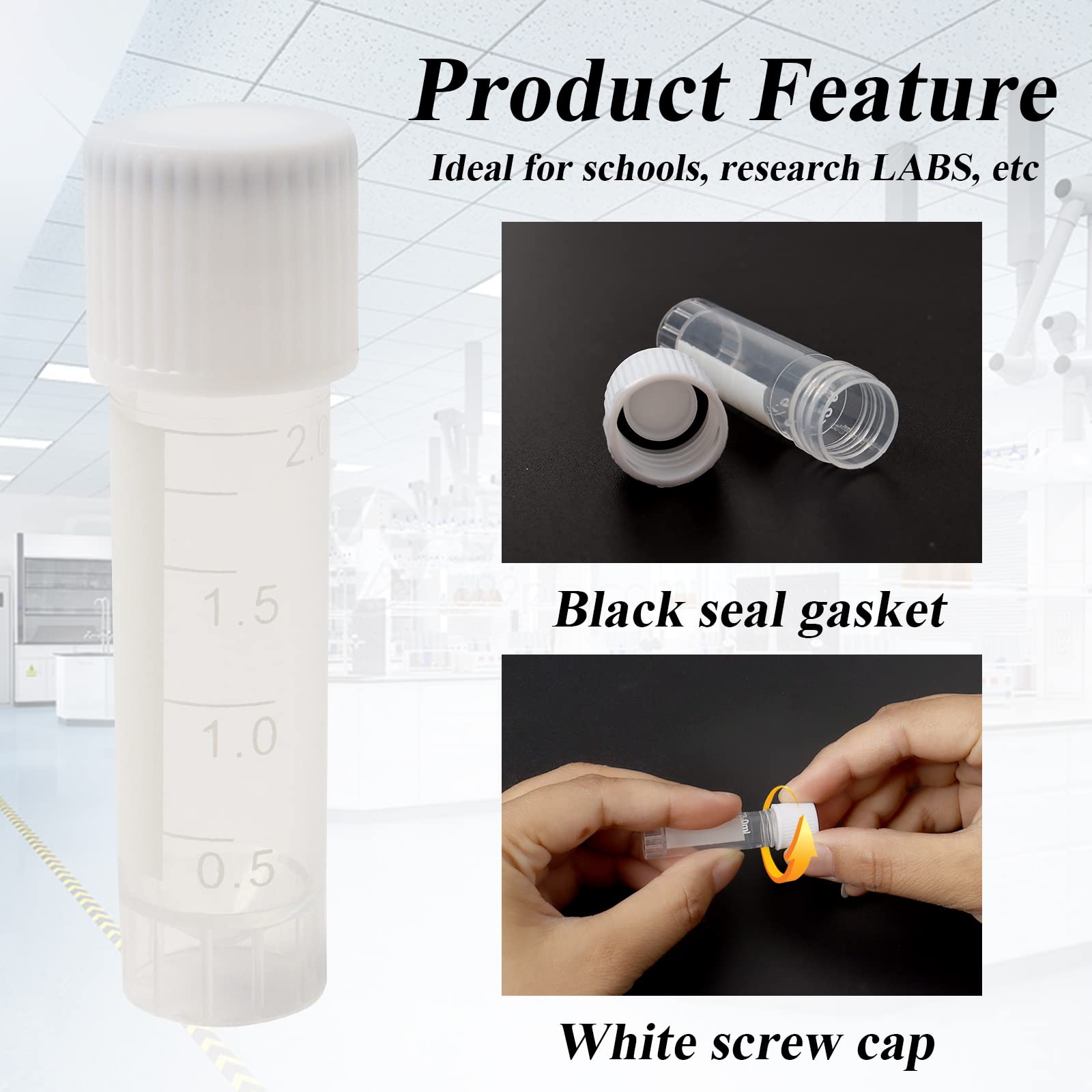 Qfeley 100 Pack 2 ml Plastic Vials Self Standing Cryogenic Vial Lab Small Lab Vial Plastic Vial Seal Cap Container for Laboratory School