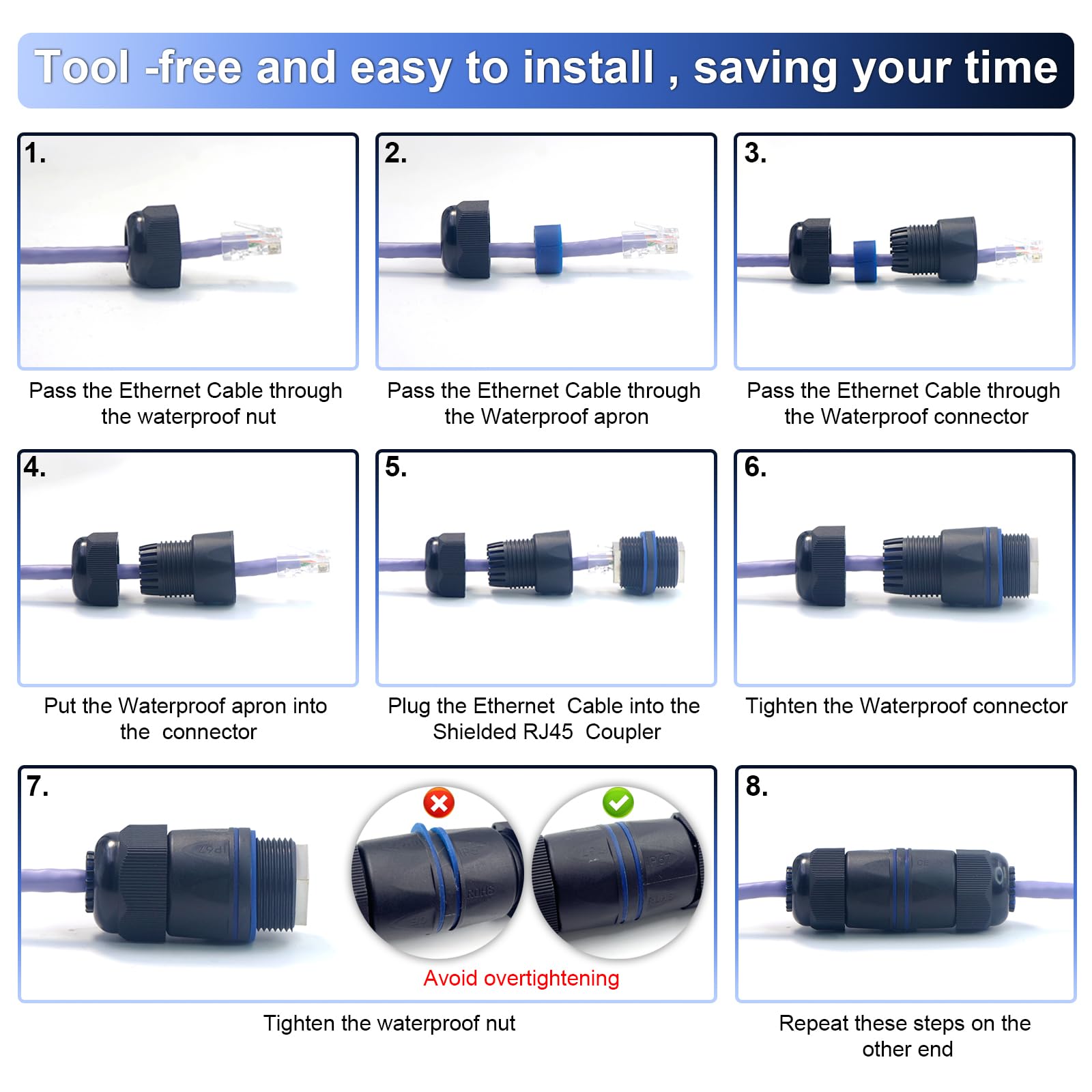 VCELINK Waterproof RJ45 Coupler Short Profile, Cat6/Cat5E/Cat5 Waterproof Ethernet Connector Shielded IP67, Outdoor Network LAN Cable Extender PoE 6-Pack