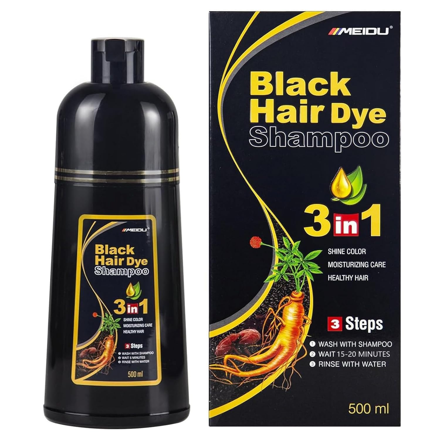 Ivnil Meidu Black Hair Dye Shampoo 3 in 1 Champu Para Canas Mujer Gray Hair Coverage for Women & Men Herbal Natural Plant Hair Dye Shampoo 500ml