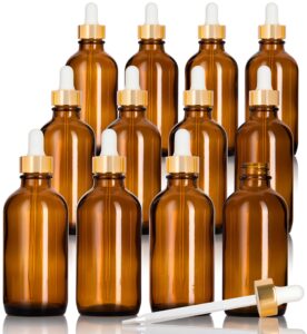 la brea packaging 4 oz glass bottles with gold glass dropper - 12 pack l choose any color bottle l clear, cobalt blue, amber brown (amber)