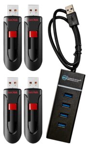 sandisk cruzer glide 128gb flash drive (4 pack) usb 2.0 port jump drive pen drive (sdcz60-128g-b35) bundle with (1) everything but stromboli 4 port usb 3.0 hub