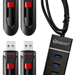 SanDisk Cruzer Glide 128GB Flash Drive (4 Pack) USB 2.0 Port Jump Drive Pen Drive (SDCZ60-128G-B35) Bundle with (1) Everything But Stromboli 4 Port USB 3.0 Hub