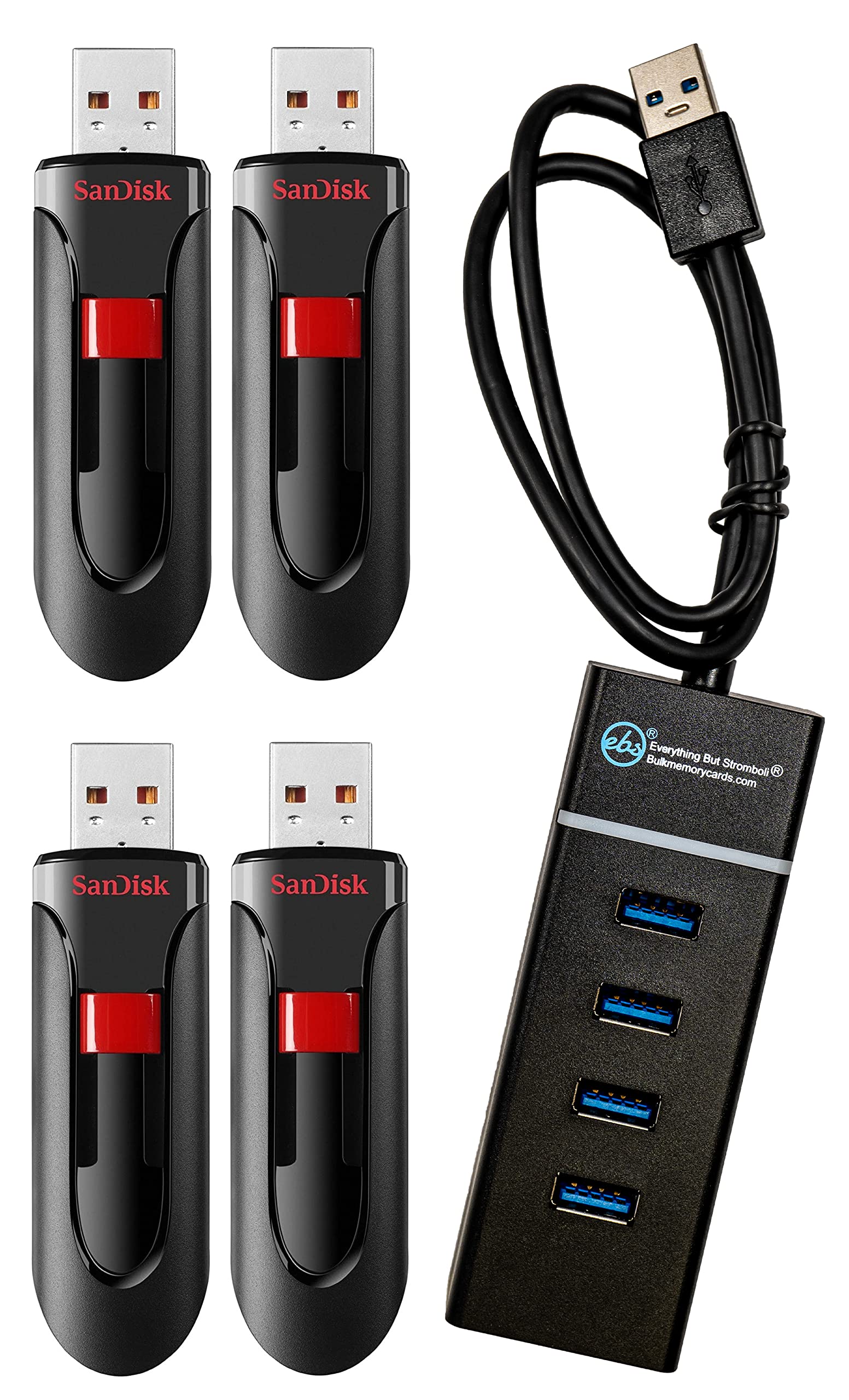 SanDisk Cruzer Glide 128GB Flash Drive (4 Pack) USB 2.0 Port Jump Drive Pen Drive (SDCZ60-128G-B35) Bundle with (1) Everything But Stromboli 4 Port USB 3.0 Hub