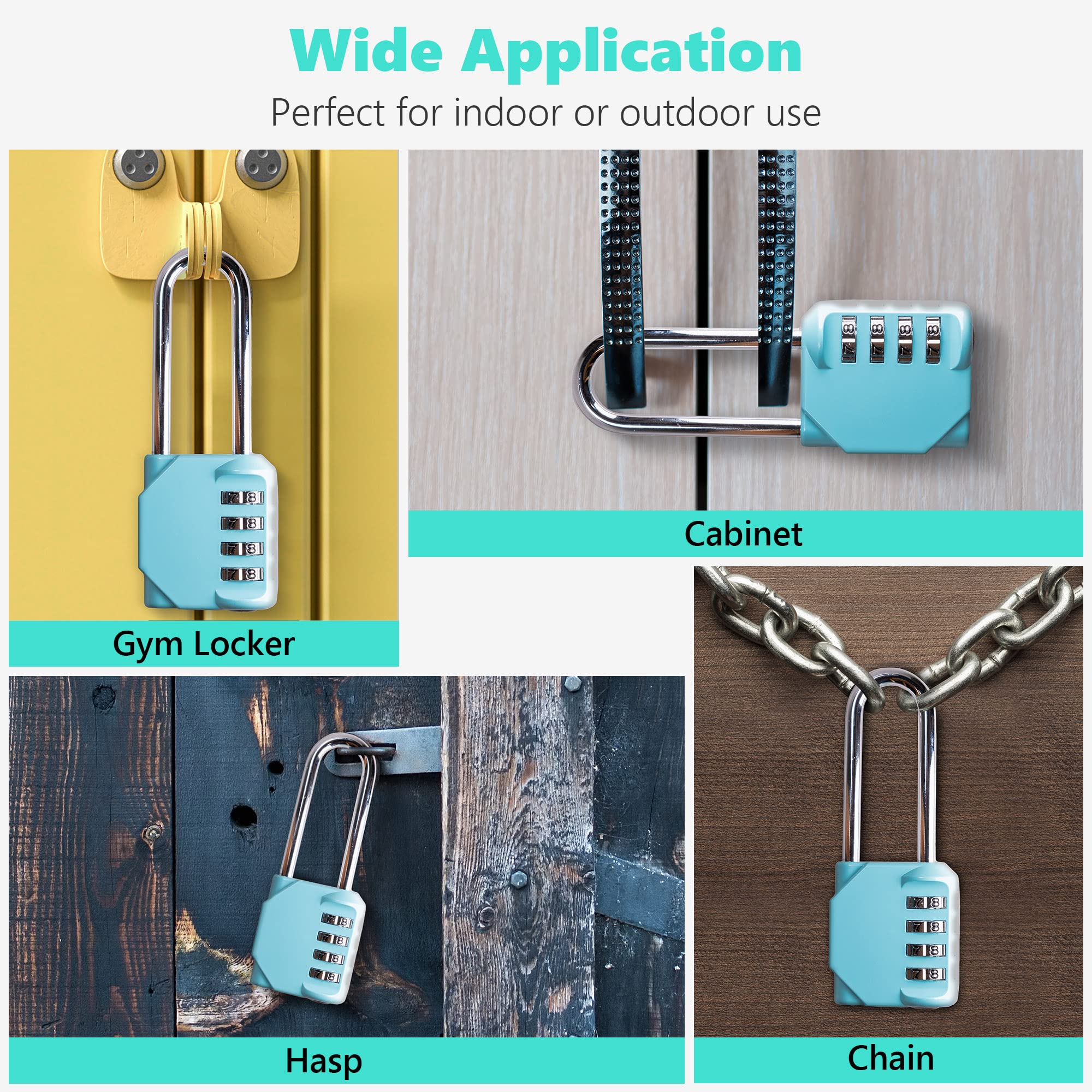 KAWAHA CL21AS 2.6 Inch Long Shackle Combination Lock, 4 Digit Combination Padlock Set Your own Combination for Gym Locker Lock, School, Gates, Doors, Toolbox, Hasps and Storage (Aqua Sky (L) *1)