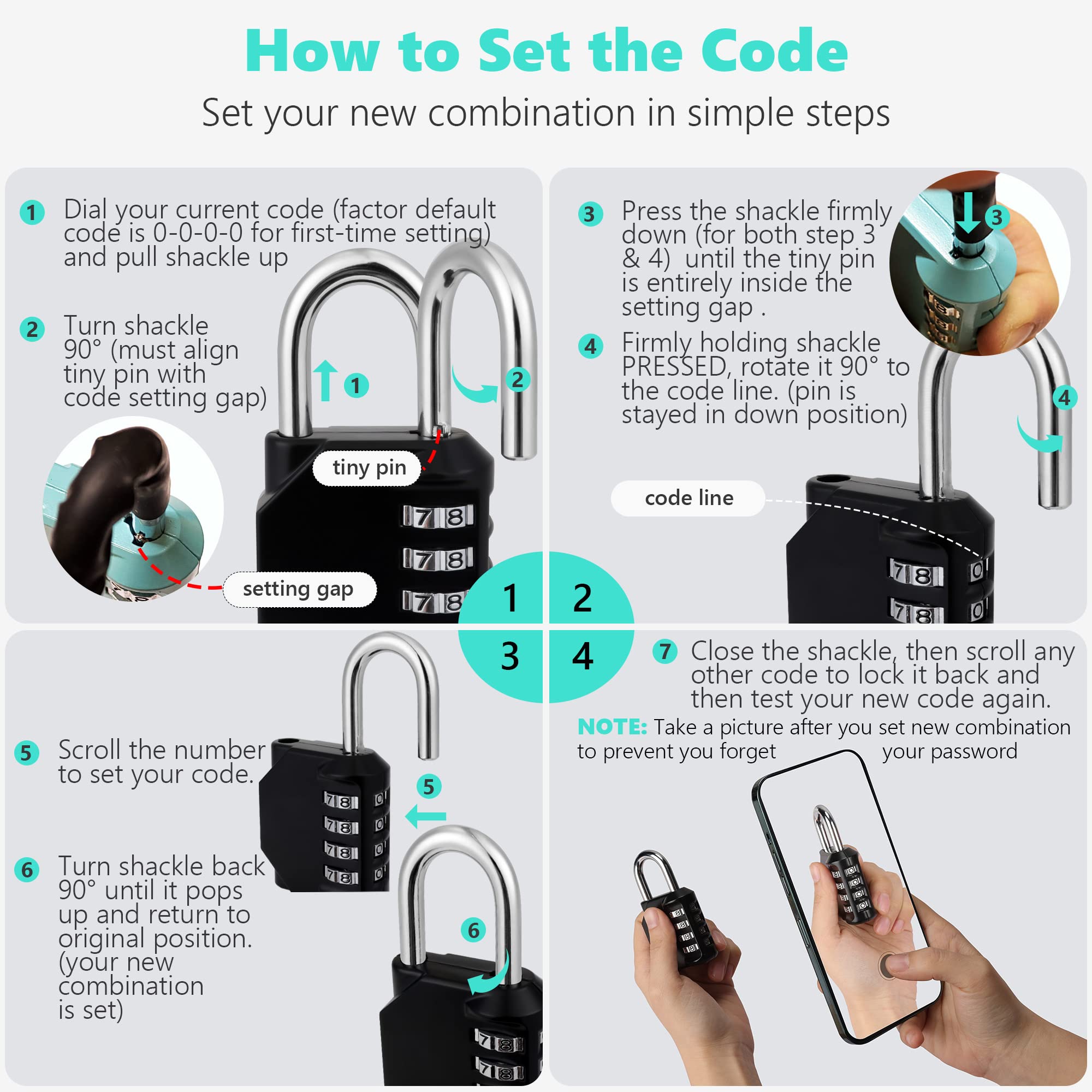 KAWAHA CL21AS 2.6 Inch Long Shackle Combination Lock, 4 Digit Combination Padlock Set Your own Combination for Gym Locker Lock, School, Gates, Doors, Toolbox, Hasps and Storage (Aqua Sky (L) *1)