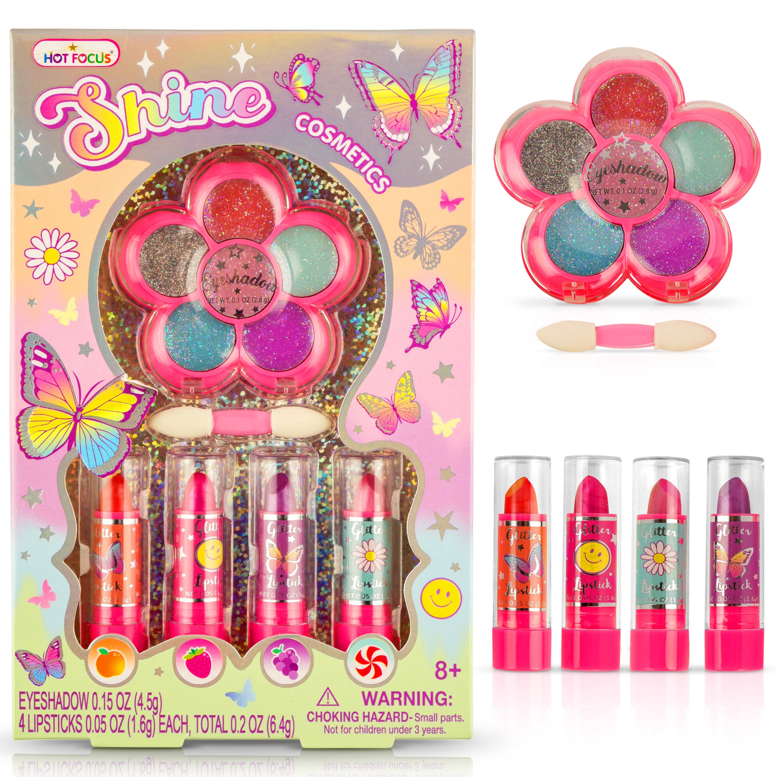 Hot Focus Toddler Makeup Kit - Girls Makeup Kit with Mood Change Lipsticks and Colorful Eyeshadow Palette - Kid-Friendly, Washable Little Girl Makeup & Pretend Play Set (Applicator Included)