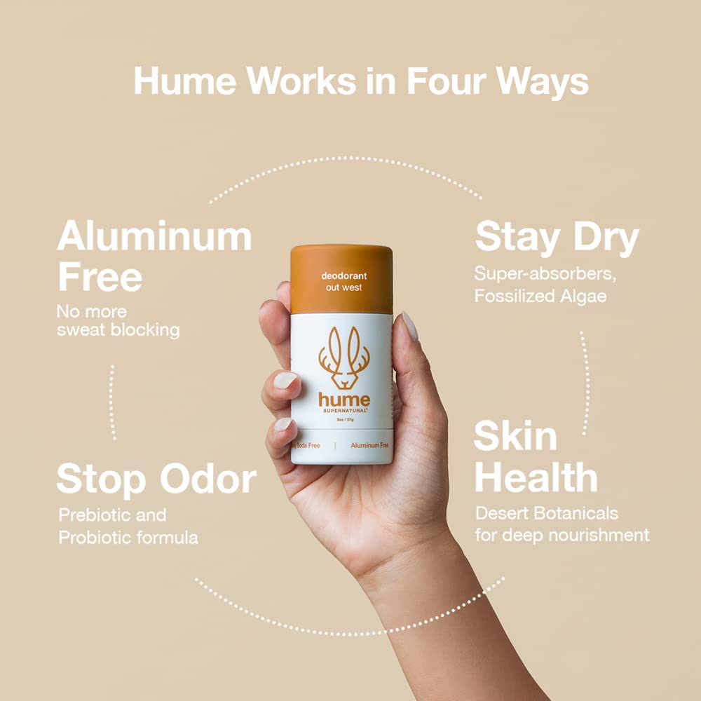 Hume Supernatural Aluminum Free Deodorant for Women & Men - Safe for Sensitive Skin - Probiotic, Plant-Based, Baking Soda Free, Aloe, & Cactus Flower, Anti Sweat, Stain & Odor - Out West, 1-Pack