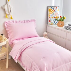 4 Pieces Pink Toddler Bedding Set with Ruffle Fringe, Solid Color Toddler Bed Set - 1 Toddler Comforter + 1 Fitted Sheet +1 Flat Sheet +1 Pillowcase for Baby Boys and Girls