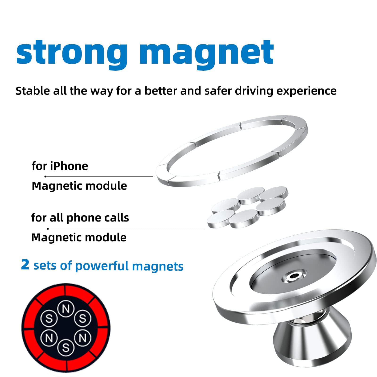 Magnetic Phone Holder for Car, [ 2 Groups Super Strong Magnet ] [ 360° Rotation ] Universal Dashboard Car Mount Holder Compatible with All Smartphones (Silver)