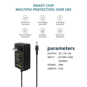 12V 3A Adapter Power Supply Cord Fit for DOSS SoundBox XL, Braven BRV-X BRVX BRVXGWB BRVXBBB 805 1100 BRV-HD Bluetooth Speaker, Bose Companion 2 Series II III 2 3 PC Speakers Replacement Charger Cable