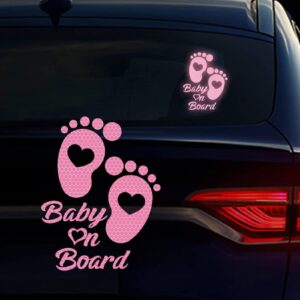 2pcs baby on board stickers for cars, nouiroy reflective baby in car stickers and decals cute feet car window clings safety warning sign waterproof auto vinyl sticker, pink