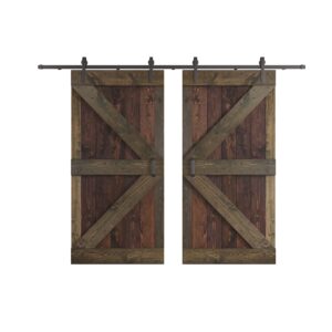 48in/60in/72in/84in x 84 in k series muti-color knotty pine wood double sliding barn door with hardware kit (84 in x 84 in, kona coffee/smoky gray)