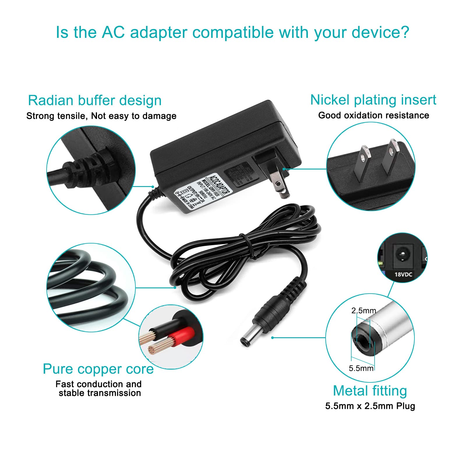 18V DC Adapter Charger Compatible for Altec Lansing mix 2.0 Rockbox XL IMW999, Altec Lansing IMW889 Bluetooth Speakers, Brookstone Big Blue Studio Speaker 18V 2A AC Power Supply Charging Cable Cord