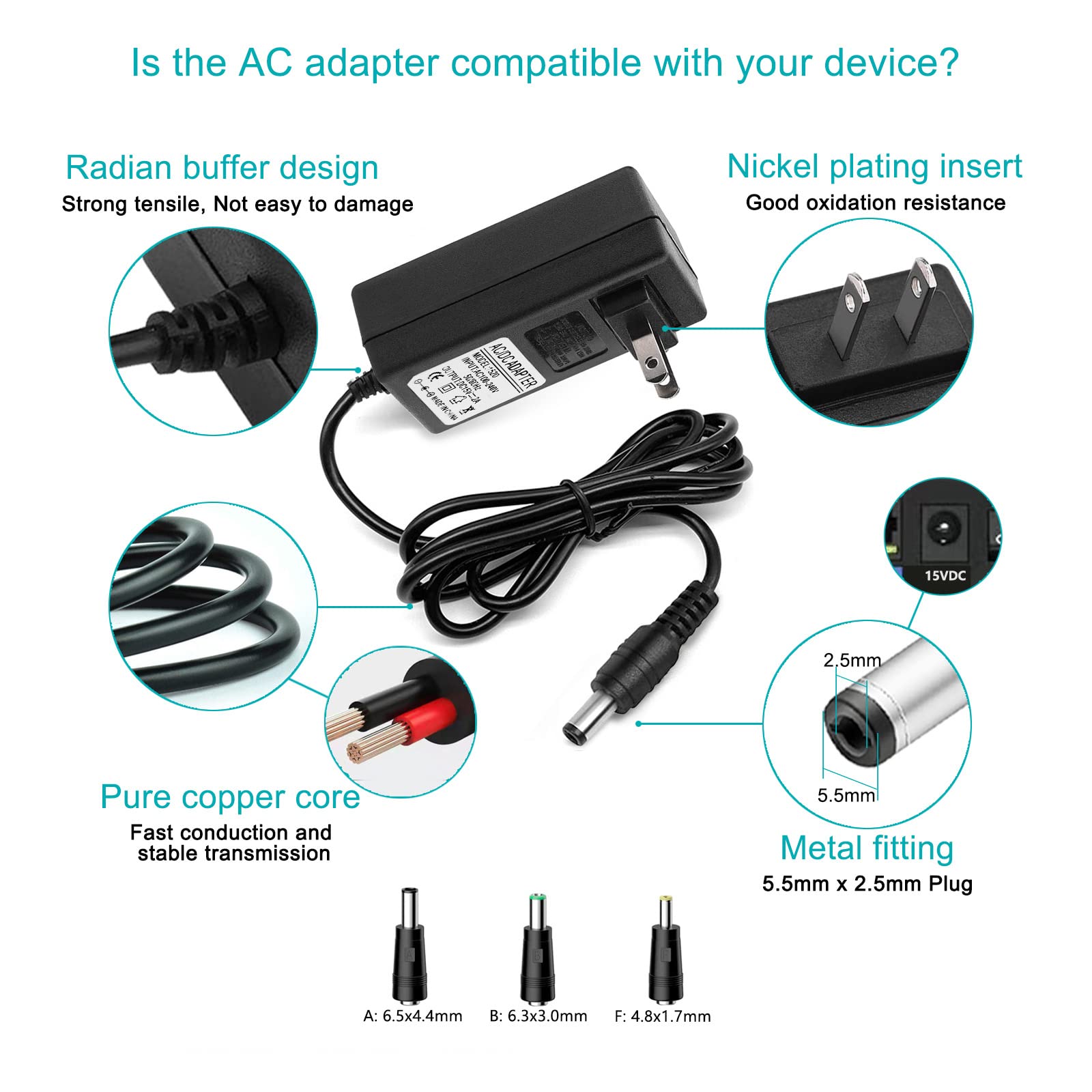 15V 2A AC DC Power Supply Adapter Charger Cable Cord for LCD Monitor Theragun mini G4 Theragun Prime Theragun Massager Gun Dewalt DXAEPS14, W-KING T11, Creative Sound Blaster Roar 2 Bluetooth Speaker