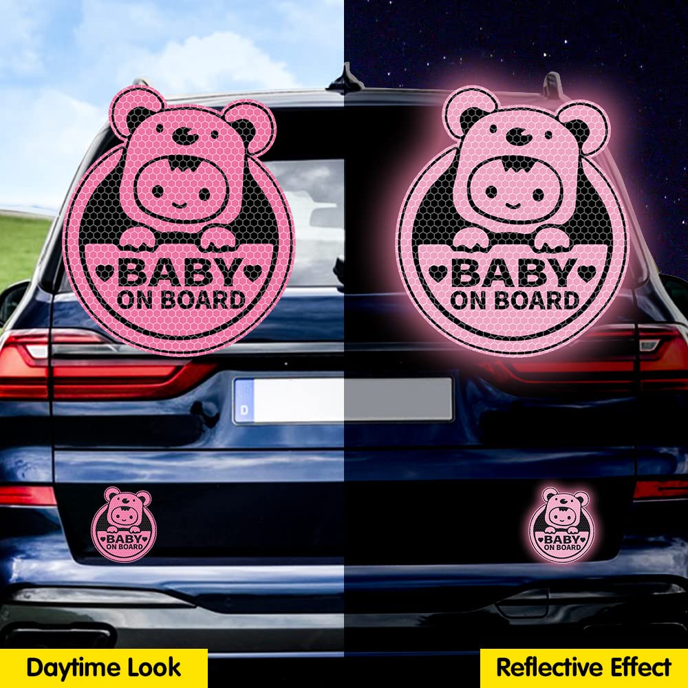 Baby on Board Stickers for Cars, 2 Pcs Nouiroy Cute Baby Super Strong Reflective Koala Baby in Car Decals and Stickers Baby Caution Bumper Safety Warning Sign Waterproof Vinyl Sticker (Pink)