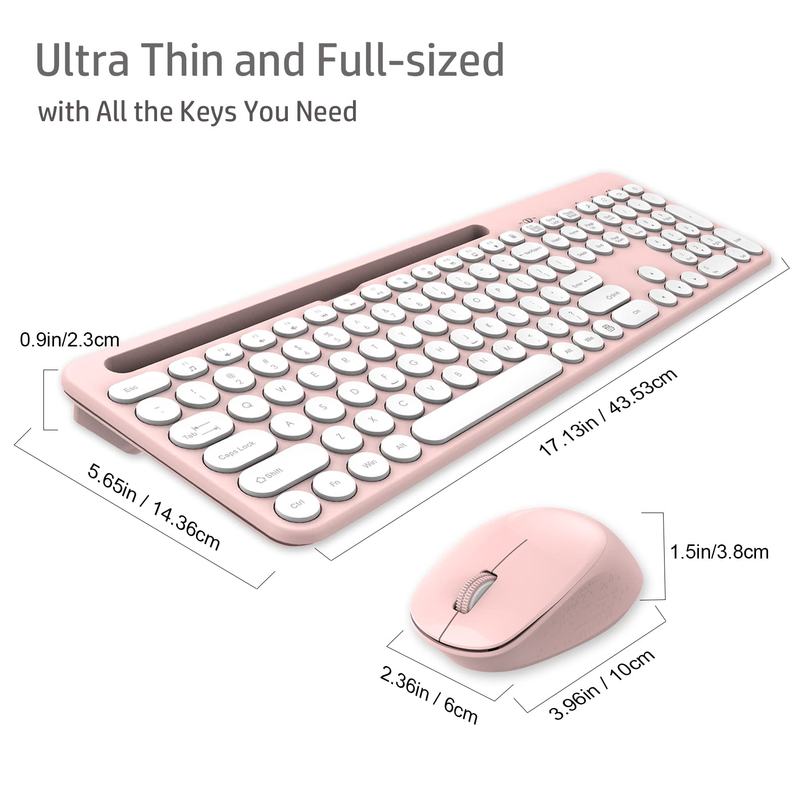 LeadsaiL Wireless Keyboard and Mouse Combo, Full-Sized Ergonomic Computer Keyboard with Phone Tablet Holder, 2.4GHz Silent Cordless Keyboard Mouse Set for Windows Laptop, PC, Desktop - Pink