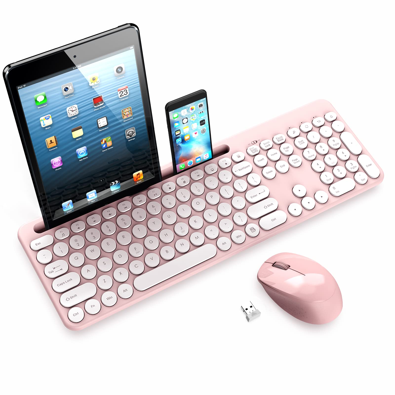 LeadsaiL Wireless Keyboard and Mouse Combo, Full-Sized Ergonomic Computer Keyboard with Phone Tablet Holder, 2.4GHz Silent Cordless Keyboard Mouse Set for Windows Laptop, PC, Desktop - Pink