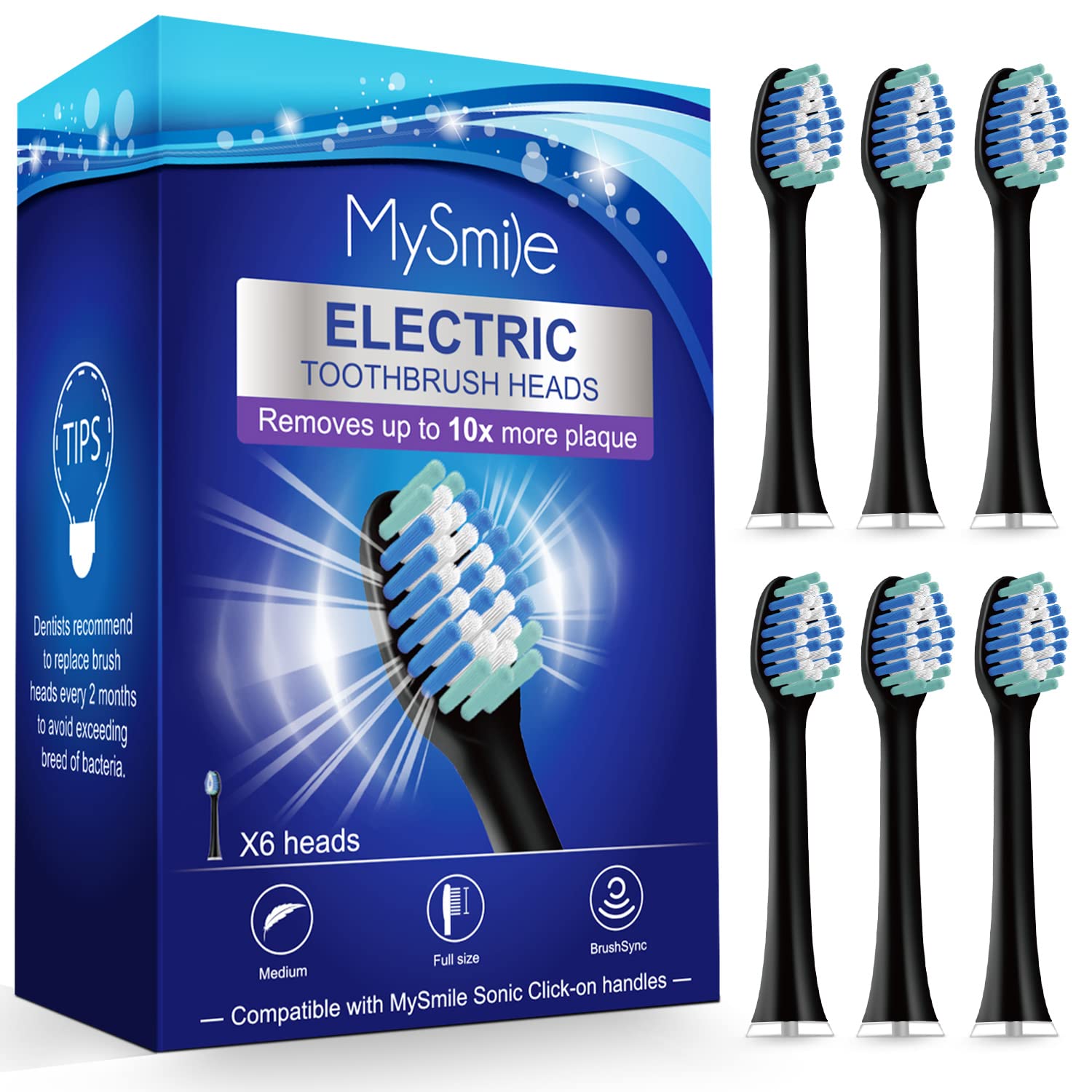 MySmile Electric Toothbrush Replacement Heads, 6 Packs (Black)