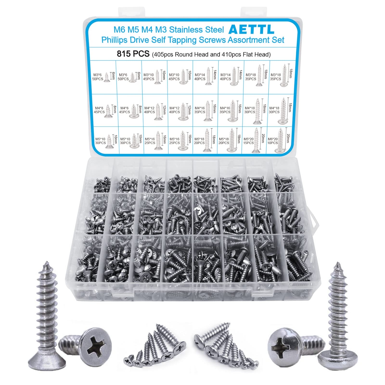 AETTL 815pcs M6 M5 M4 M3 Wood Screws Assortment Kit, Metric Stainless Steel Assorted Self Tapping Screws Set Truss Flat Pan Head Phillips Drive Drilling for Deck Drywall Concrete Sheet Metal