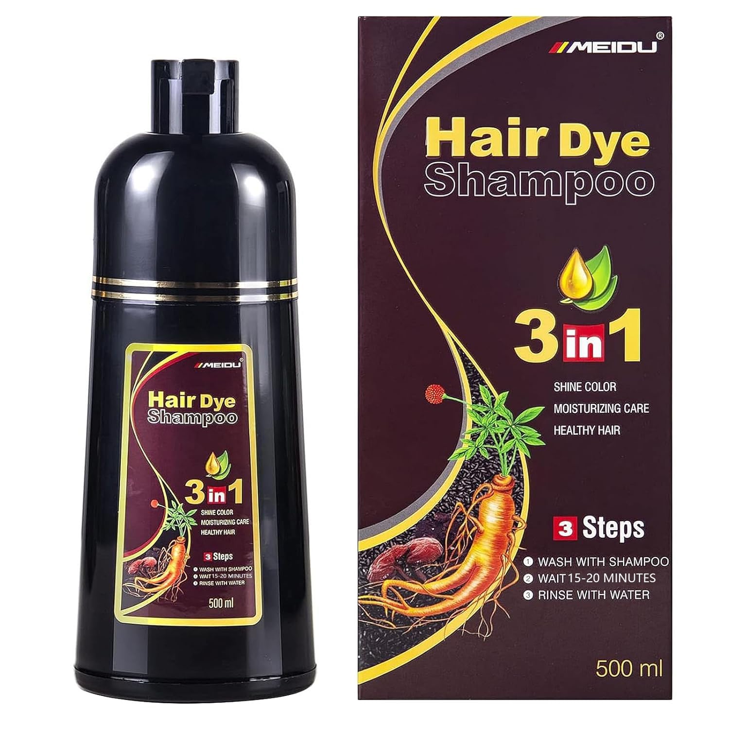 Ivnil Meidu Dark Brown Hair Dye Shampoo 3 in 1 Color for Grey Coverage Seimi Permanent Instant Champu Para Canas Mujer for Women/Men - Herbal Ingredients Natural Plant