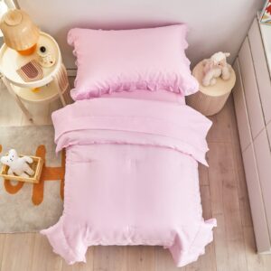 4 Pieces Pink Toddler Bedding Set with Ruffle Fringe, Solid Color Toddler Bed Set - 1 Toddler Comforter + 1 Fitted Sheet +1 Flat Sheet +1 Pillowcase for Baby Boys and Girls