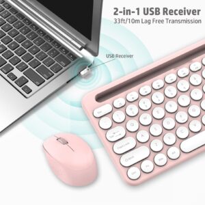 LeadsaiL Wireless Keyboard and Mouse Combo, Full-Sized Ergonomic Computer Keyboard with Phone Tablet Holder, 2.4GHz Silent Cordless Keyboard Mouse Set for Windows Laptop, PC, Desktop - Pink