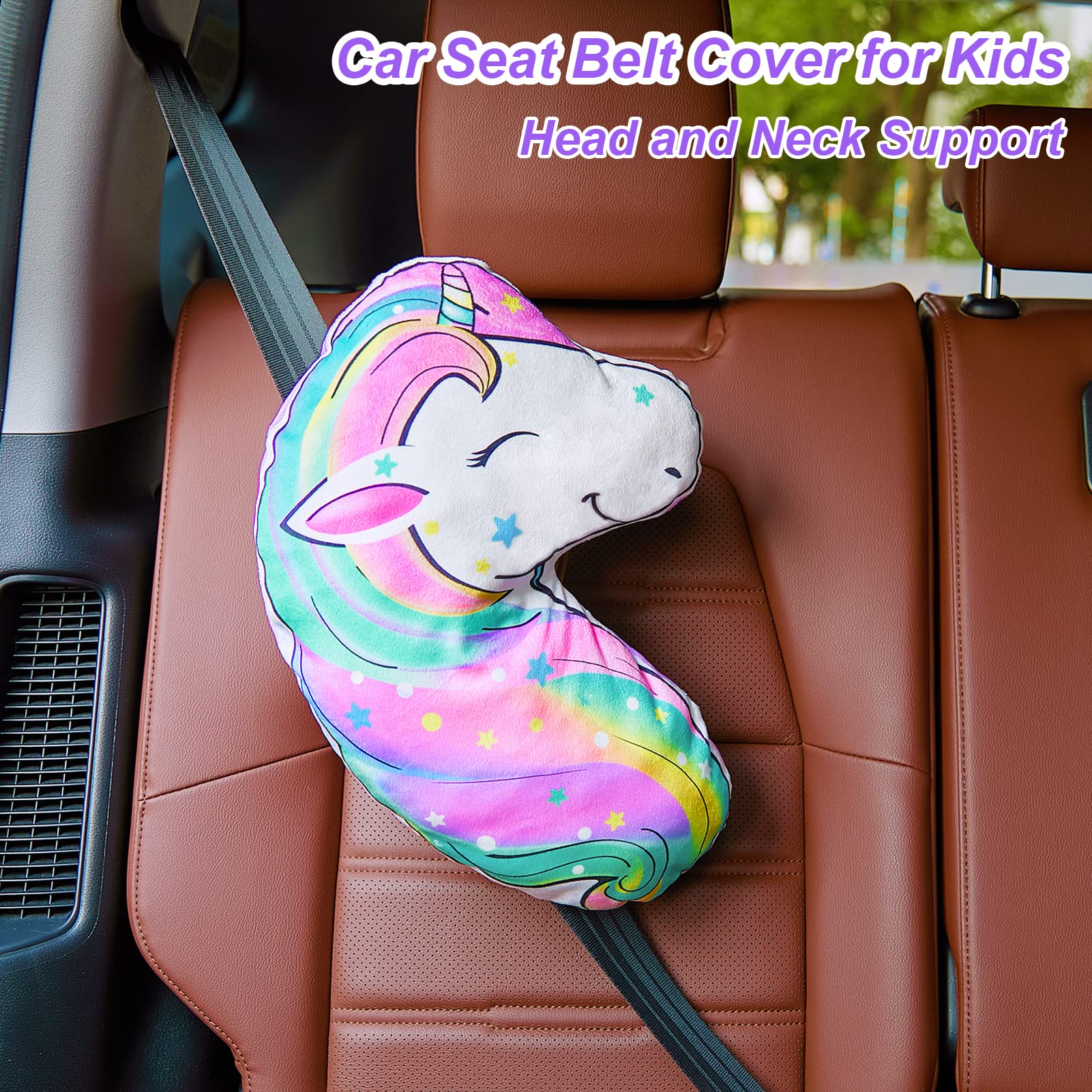 FIODAY Seat Belt Cover Pad for Kids Unicorn Seatbelt Pillow Soft Seat Belt Cover Car Pillow Toddler Travel Seat Strap Pad Neck Support for Girls Boys, Rainbow