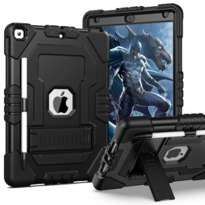 topsky ipad 9th generation case 2021, ipad 8th/7th generation case 2020/2019, ipad 10.2 case with pencil holder and kickstand, 3 in 1 heavy duty shockproof rugged protective tablet cover, black