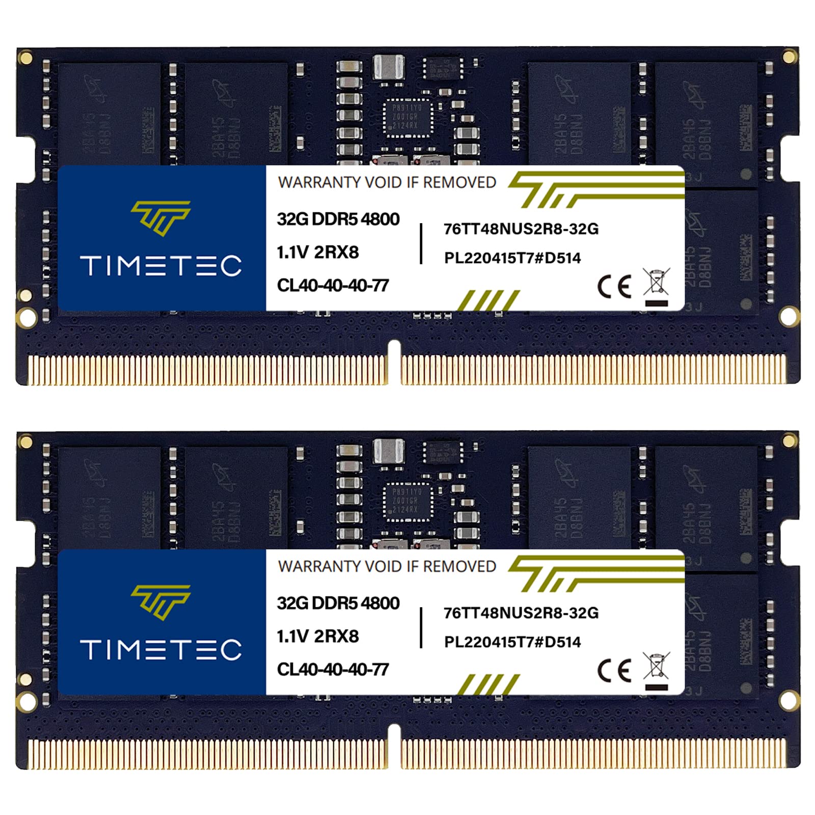 Timetec 64GB KIT(2x32GB) DDR5 4800MHz PC5-38400 Unbuffered Non-ECC 1.1V CL40 2Rx8 Dual Rank 262 Pin SODIMM Laptop Memory RAM Module Upgrade (64GB KIT(2x32GB))