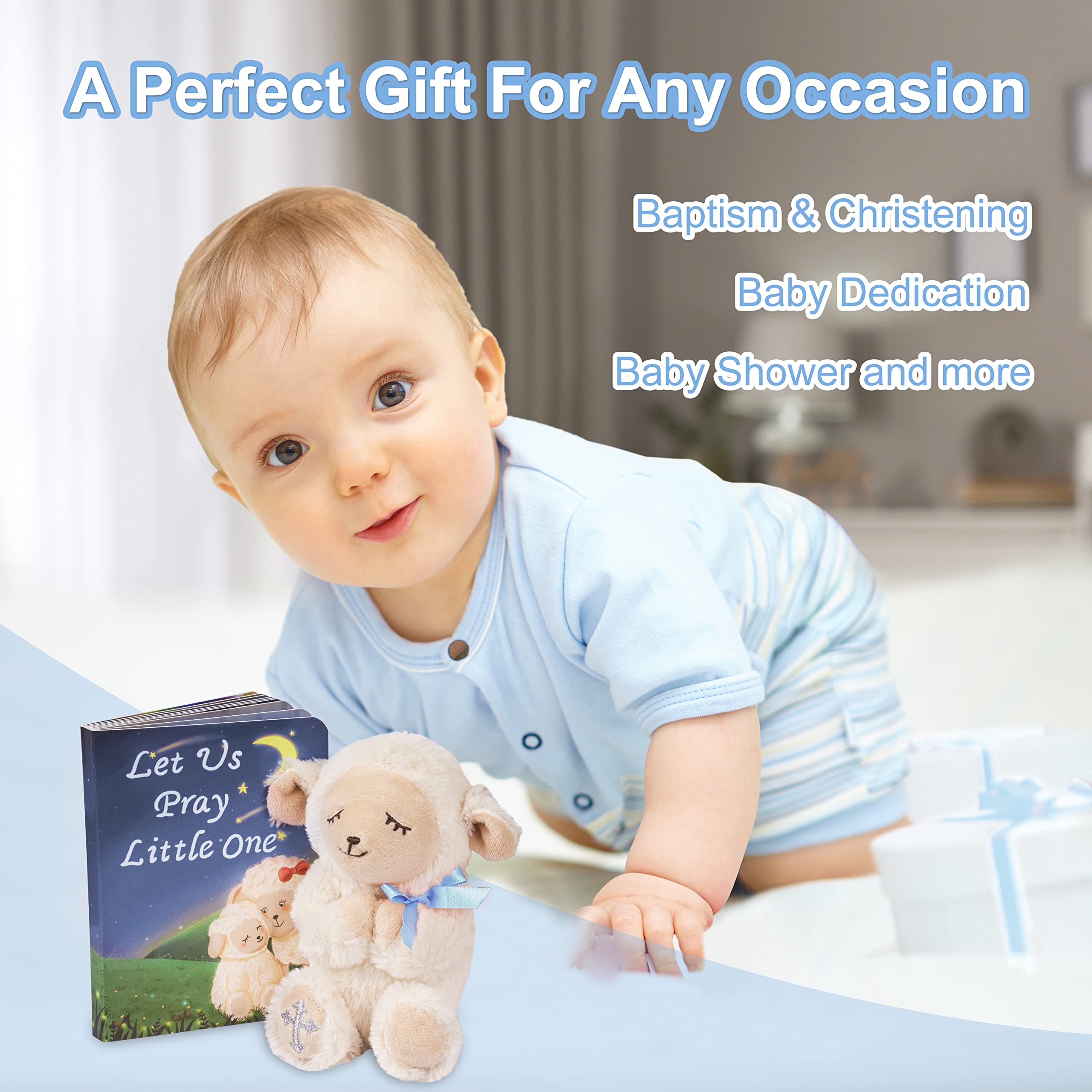 MyMateZoe Baptism Gifts for Boys, Great Christening, Dedication and Baptism Gift Set for Boys and Newborn Baby, Includes 7" Praying Lamb Plush Toy and Let Us Pray Baby Book in Keepsake Gift Box