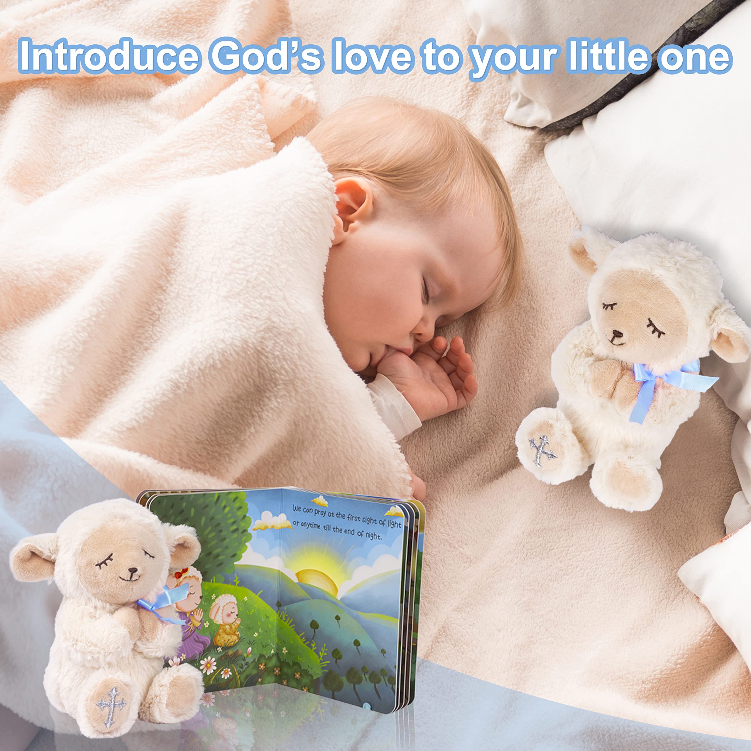 MyMateZoe Baptism Gifts for Boys, Great Christening, Dedication and Baptism Gift Set for Boys and Newborn Baby, Includes 7" Praying Lamb Plush Toy and Let Us Pray Baby Book in Keepsake Gift Box